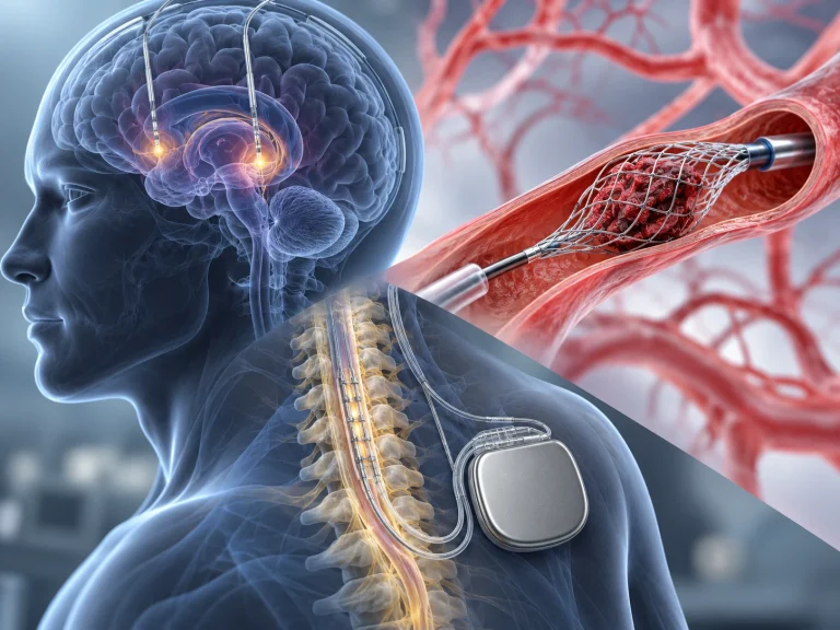 Brain and spinal cord stimulation implants beside a stent retriever in a blood vessel