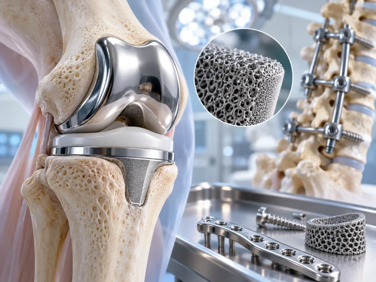 Knee replacement implant, porous biomaterial and spinal fixation hardware